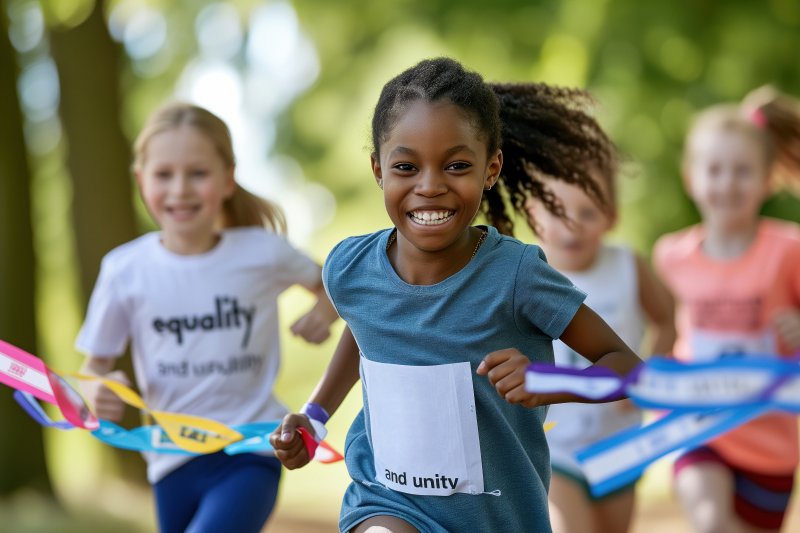 Young girl smiling as she crosses a colorful finish line ribbon during a race.