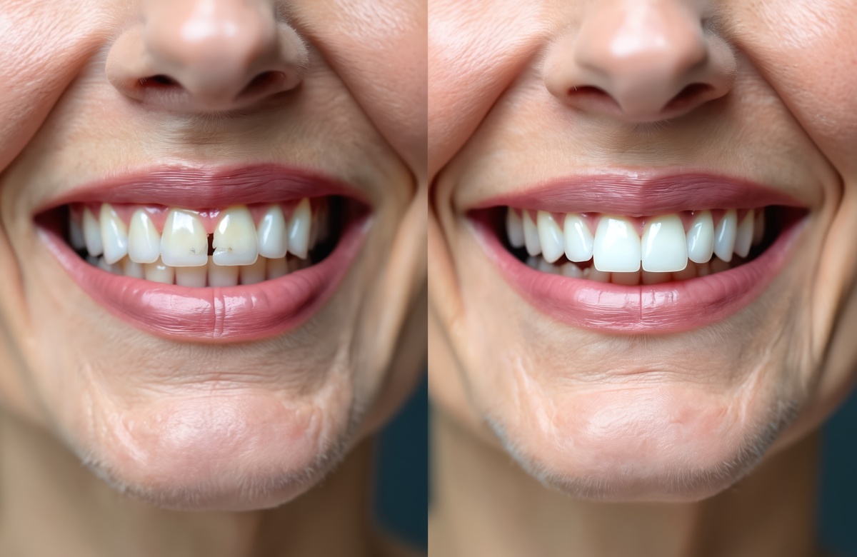 Collage showing diastema correction woman teeth. Gap between upper front teeth. Middle aged female before and after stomatology dentist treatment. Dental health, smile makeover concept.