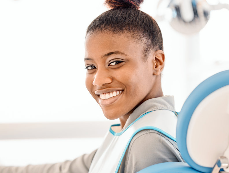 Face, black woman and patient with dental health, smile and proud for treatment, results and oral hygiene. Clean, mouth and portrait of person in office of dentist, happy and client in clinic.