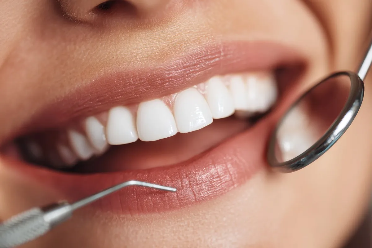 A woman flashes a bright smile as a dentist checks her mouth with a mirror and dental tools. The background features a dental clinic banner for advertising purposes.